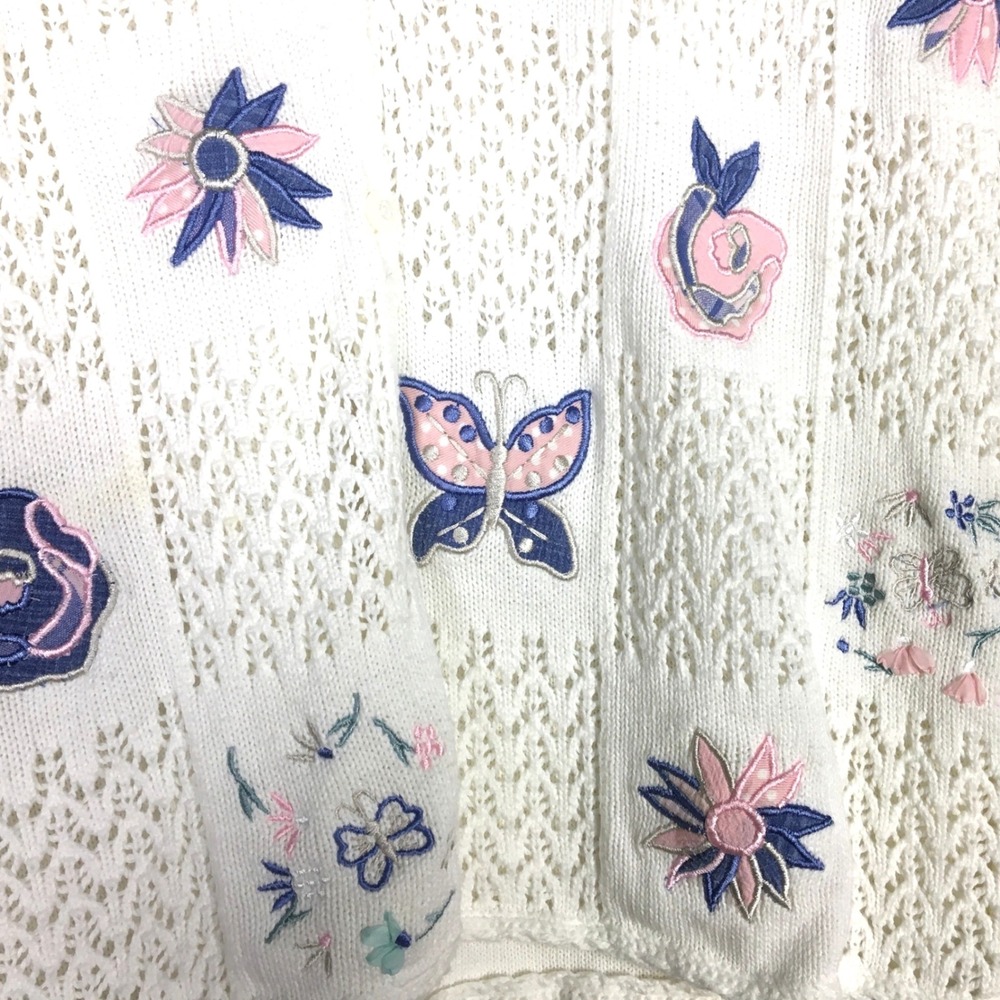 KORET City Blues White Cardigan Sweater Applique Butterfly Flowers Short Sleeve - Picture 3 of 4